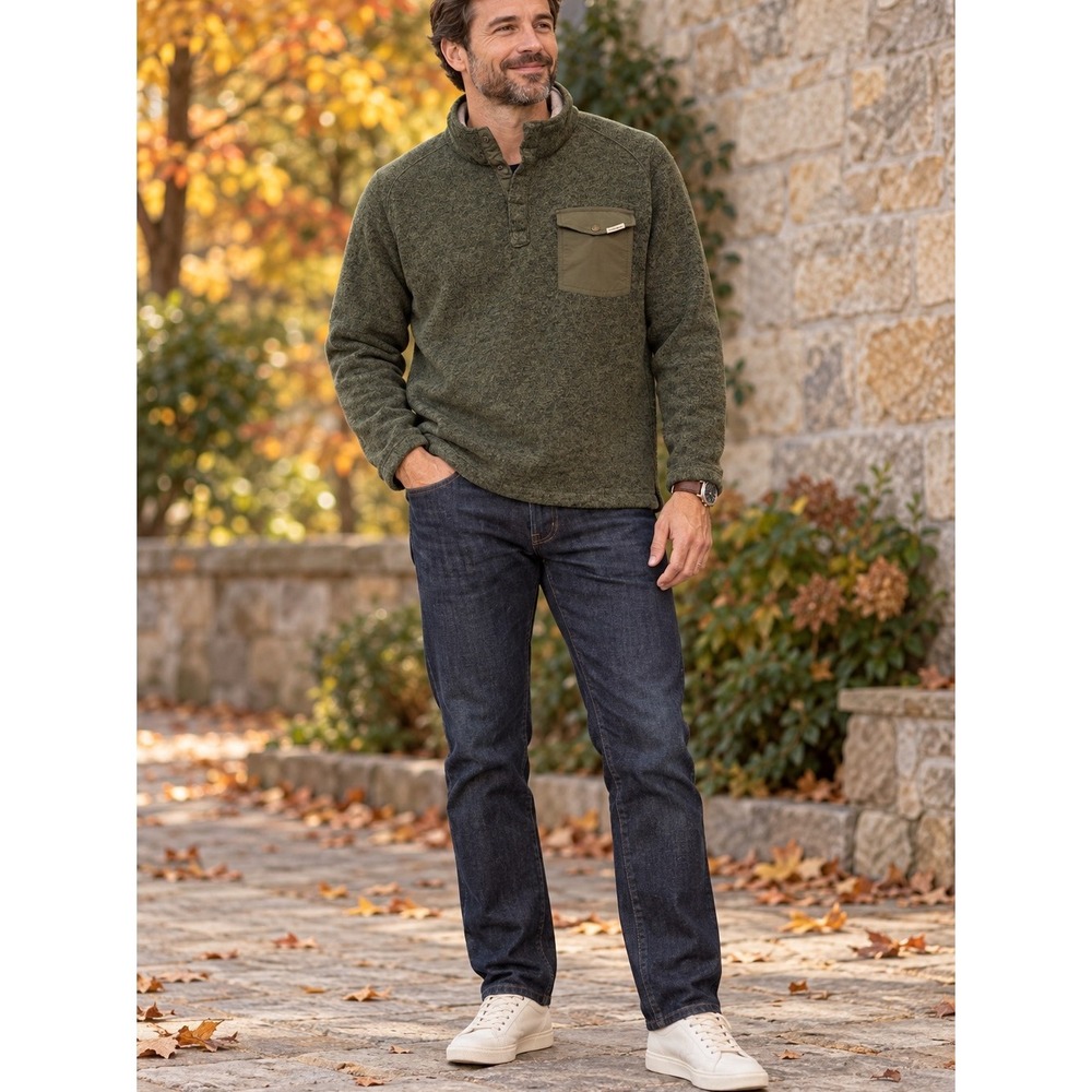 Woolrich Mens Olive Green Snap-Neck Fleece Lined Sweater Pullover Large
